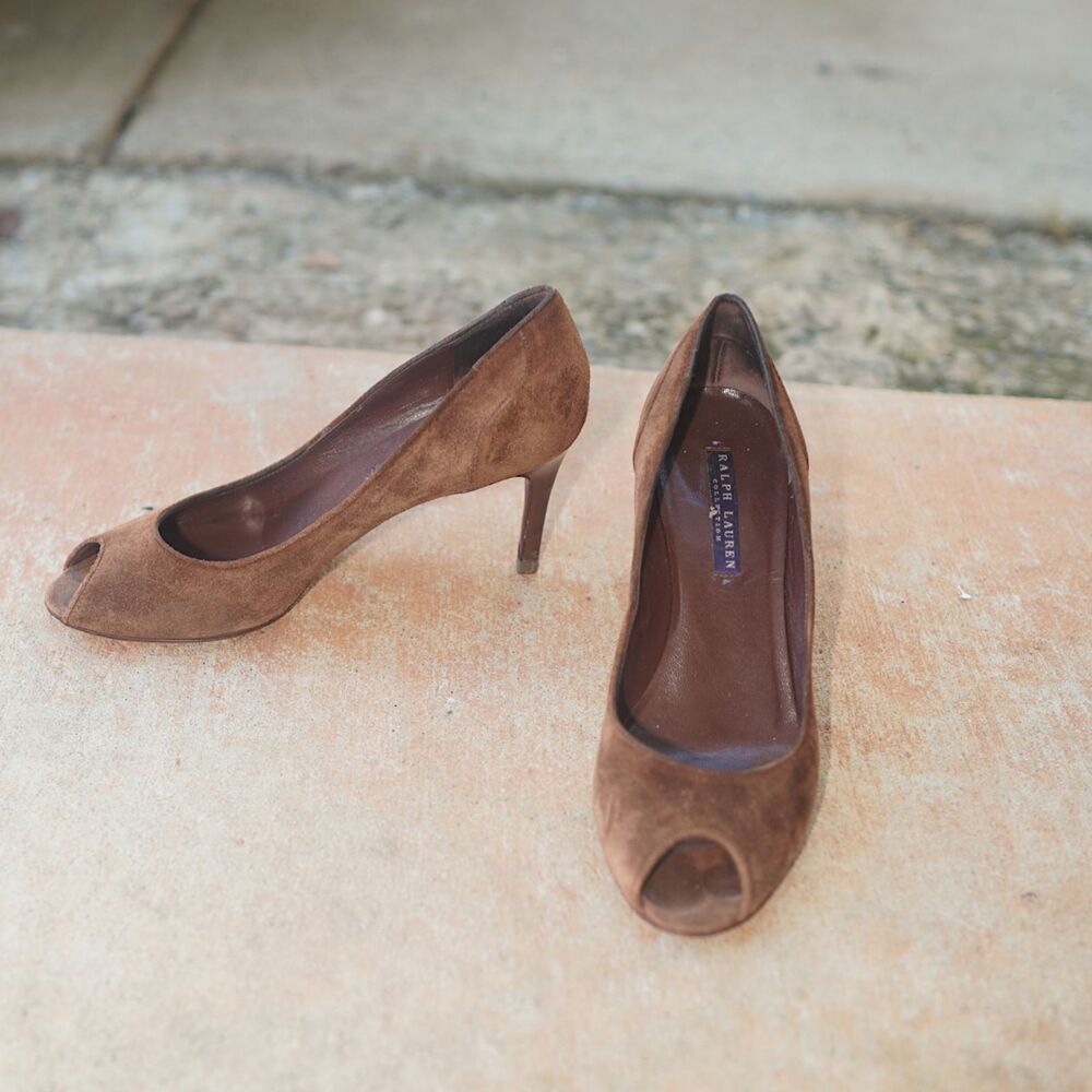 Ralph Lauren Collection Suede Peep Toe Pumps Brown Made in Italy 6.5 B High Heel